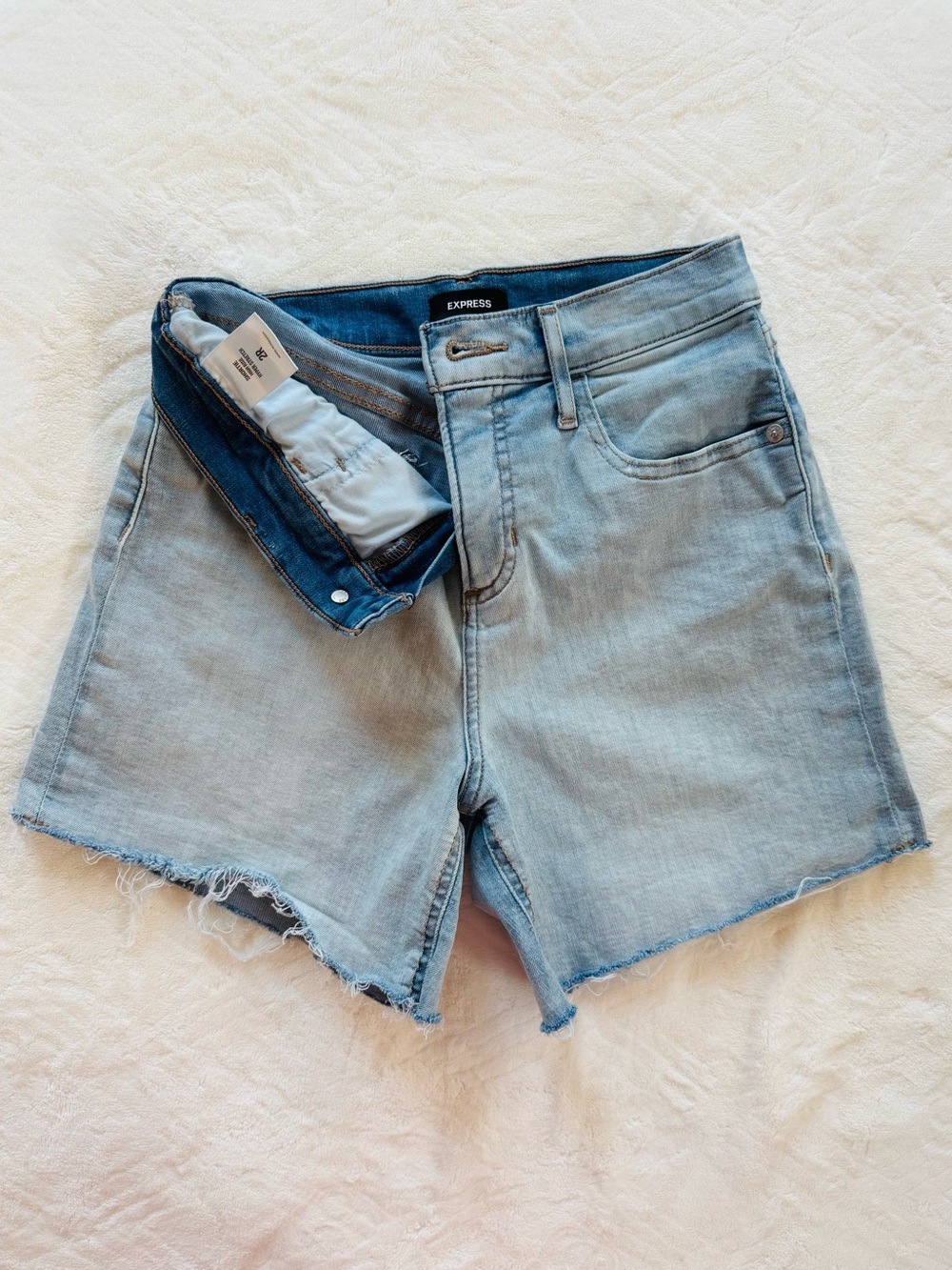 Express Light Blue High-Rise Denim Cutoff Shorts